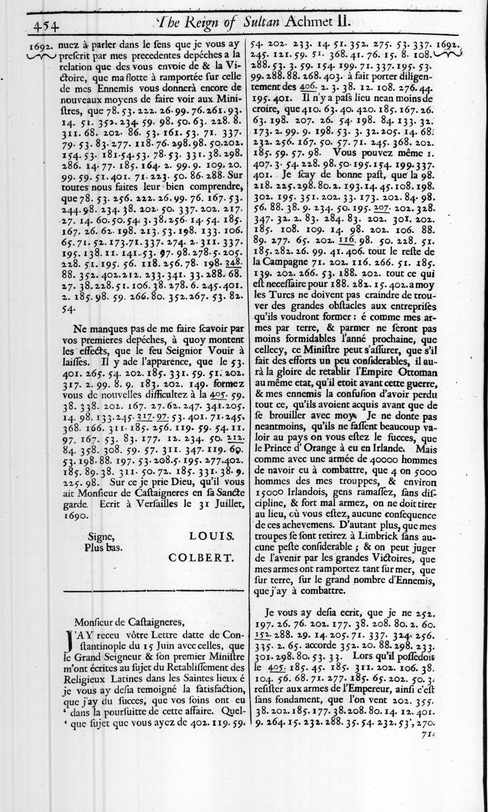 Page 454 of Rycaut's History of the Turks: the end of the 31 July letter signed Louis and Colbert, and the beginning of the 9 August letter.